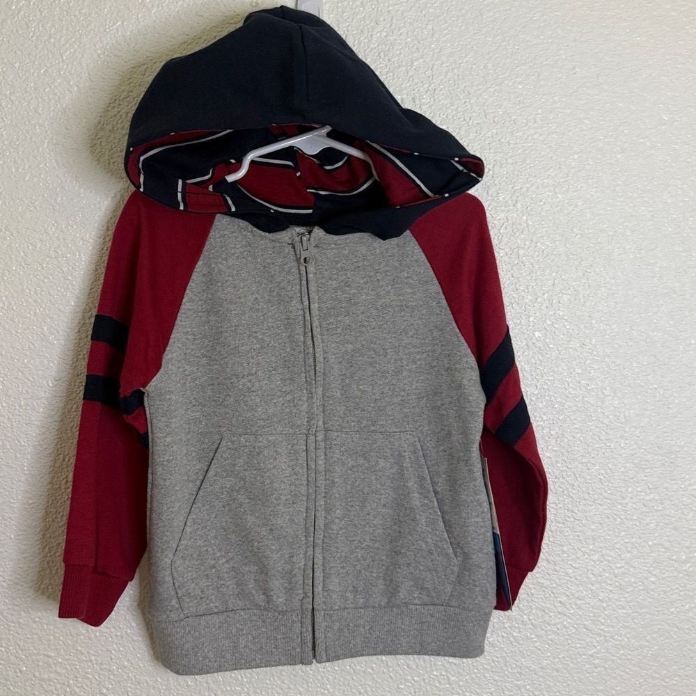 Gray and Red Hooded Zip-Up Jacket 3T